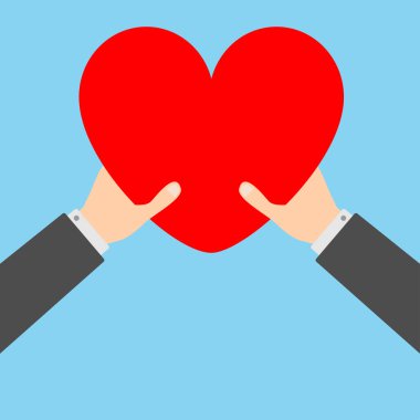 İki işadamı silah kırmızı kalp simgesi şekil işaret tutan eller. Sevgililer günün kutlu olsun. Tebrik kartı. Düz tasarım stili. Aşk ruh hediye kavramı. Vücut parçası kadar kapatın. Mavi arka plan. İzole. Vektör