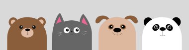 Karikatür kawaii yavru ayı, kedi, köpek, panda. Hayvan baş yüz vücut Icon set. Sevimli çizgi kawaii karakter. Düz tasarım. İzole. Gri arka plan. Vektör çizim