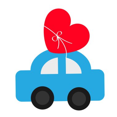 Toy car carrying red love heart shape icon with bow. Happy Valentines Day sign symbol. Delivering gift. Flat design. Greeting card. White background. Isolated. Vector illustration vector