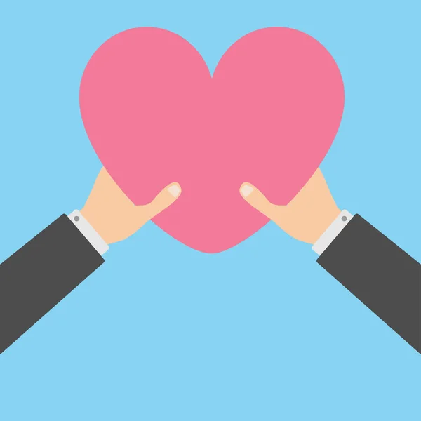 两个商人手抱着拿着粉红色的心图标形状的标志的武器 情人节快乐 扁平的设计风格 爱灵魂礼物的概念 关闭身体部位 蓝色背景 — 图库矢量图片