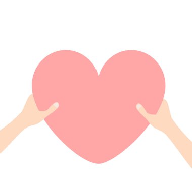 Pembe kalp simgesi şekli tutan eller kollar imzala. Sevgililer günün kutlu olsun. Tebrik kartı. Düz tasarım stili. Aşk ruh hediye kavramı. Vücut parçası kadar kapatın. Beyaz arka plan. İzole. Vektör çizim