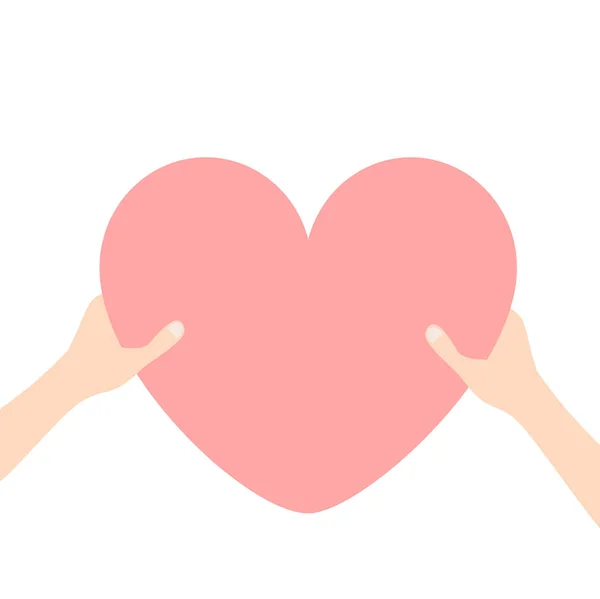 手拿着粉红色的心图标形状的标志的武器 情人节快乐 扁平的设计风格 爱灵魂礼物的概念 关闭身体部位 白色背景 向量例证 — 图库矢量图片
