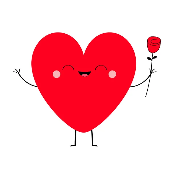 红心图标 快乐情人节符号 可爱的卡通片 Kawaii 笑着的角色抱着玫瑰花 扁平的设计风格 爱贺卡 白色背景 — 图库矢量图片