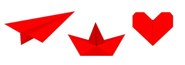 Origami Avion Papier Bateau Icône Coeur Ensemble Couleur Rouge Ligne — Image vectorielle