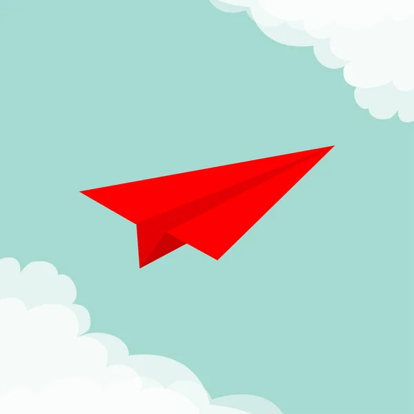 赤い折り紙紙飛行機を飛んでいます コーナー フレームを雲します 交通コレクション グリーティング カード誤字青空の背景が大好きです フラットなデザイン ベクトル図 — ストックベクタ
