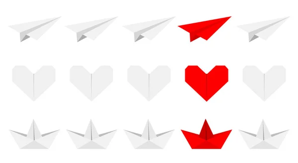 Origami Paper Plane Boat Ship Heart Icon Set Gray Red — Stock Vector