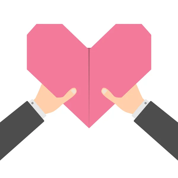 Empresário Mãos Braços Segurando Cor Rosa Origami Papel Ícone Coração — Vetor de Stock