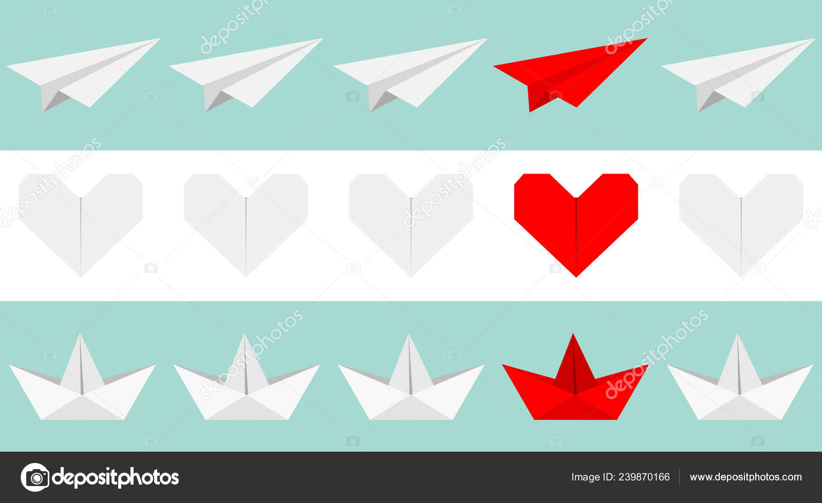 Avião Papel Origami Navio Barco Conjunto ícones Coração Cor