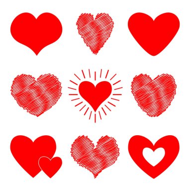 Kırmızı kalp Icon set. Mutlu sevgililer günü işareti sembol şablonu. Farklı şekil. Kağıt ve karalama çizgi etkisi. Sevimli grafik nesnesi. Düz tasarım. Sevgi tebrik kartı. İzole. Beyaz arka plan. Vektör