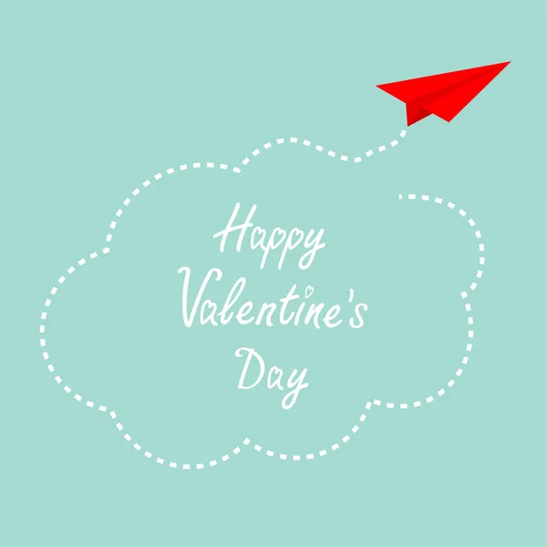 幸せなバレンタインデー 赤い折り紙紙飛行機 空の雲をダッシュします 愛のカードです 青色の背景色 分離されました ベクトル図 — ストックベクタ