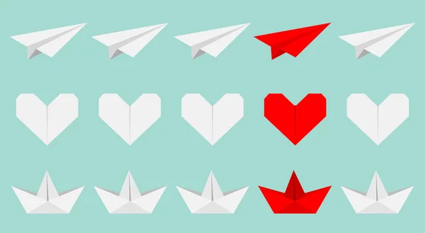 Origami Avion Papier Bateau Icône Coeur Ensemble Couleur Blanche Rouge — Image vectorielle