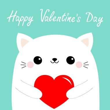 Sevgililer günün kutlu olsun. Beyaz kedi yavru kedi baş yüz kırmızı kağıt kalp tutan. Sevimli çizgi kawaii komik bebek kitty hayvan karakter. Düz tasarım. Aşk kartı. Mavi arka plan. İzole. Vektör