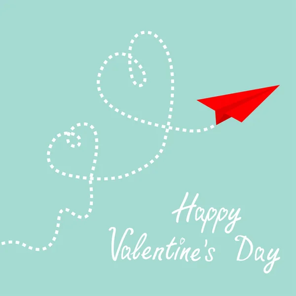 情人节快乐 红色折纸飞机 两个破折号的心在天空中循环 爱的卡片 扁平设计 蓝色背景 向量例证 — 图库矢量图片