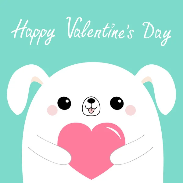 幸せなバレンタインデー 白い犬子犬頭顔のピンクの紙のハートを保持しています かわいい漫画の可愛い面白い赤ちゃんの動物キャラクター フラットなデザイン 愛のカードです 分離されました 青色の背景色 ベクトル — ストックベクタ