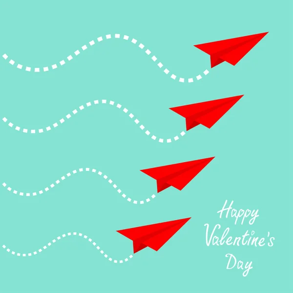 幸せなバレンタインデー 飛行赤折り紙紙飛行機セットです 空に線をダッシュします グリーティング カードが大好きです フラットなデザイン 青色の背景色 分離されました ベクトル図 — ストックベクタ