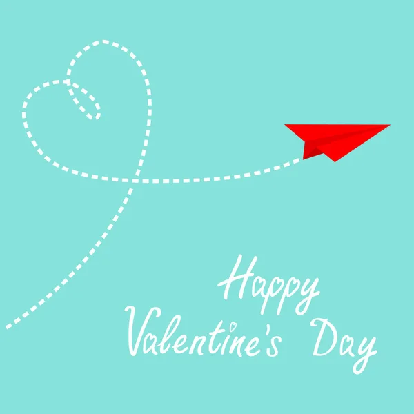 幸せなバレンタインデー 赤い折り紙紙飛行機 心を空にダッシュします 愛のカードです フラットなデザイン 分離されました 青色の背景色 ベクトル図 — ストックベクタ