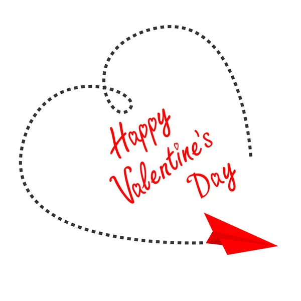 赤い空飛ぶ折り紙紙飛行機 大きなダッシュ心は空 幸せなバレンタインの日の愛のカードです フラットなデザイン 分離されました 白い背景 ベクトル図 — ストックベクタ