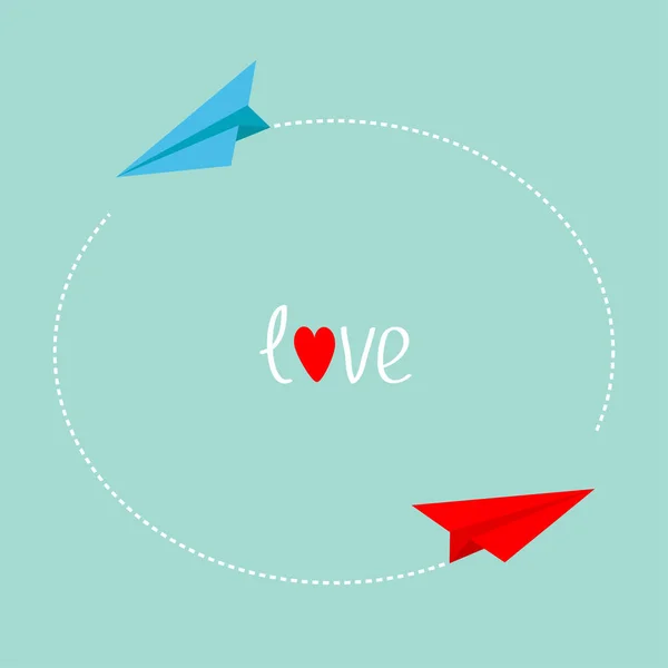 红色和蓝色折纸飞机 天空中的圆形破折号线框 爱心脏卡 情人节快乐 可爱的背景 向量例证 — 图库矢量图片