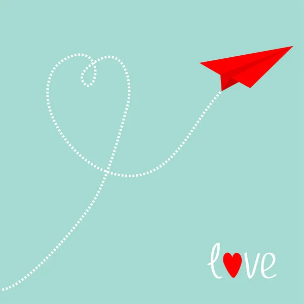 Kırmızı Origami Kağıt Uçak Çizgi Çizgi Kalp Mavi Gökyüzünde Aşk — Stok Vektör