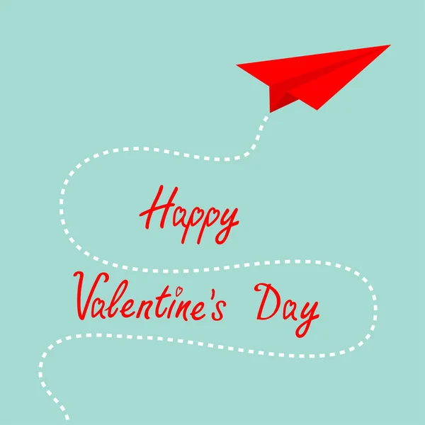 Happy Valentines Day Origami Red Paper Plane Dash Line Sky — Stock Vector