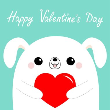 Sevgililer günün kutlu olsun. Beyaz köpek köpek yavrusu baş yüz kırmızı kağıt kalp tutan. Sevimli çizgi kawaii komik bebek hayvan karakter. Düz tasarım. Aşk kartı. Mavi arka plan. İzole. Vektör