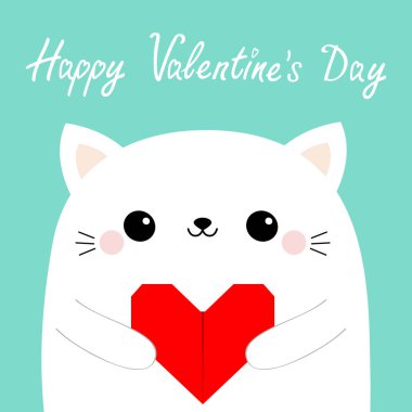 Sevgililer günün kutlu olsun. Beyaz kedi yavru kedi baş yüz kırmızı origami kağıt kalp tutan. Sevimli çizgi kawaii komik bebek kitty hayvan karakter. Düz tasarım. Aşk kartı. Mavi arka plan. İzole. Vektör