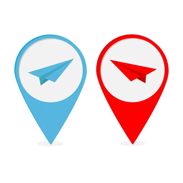 Mapa Ukazatel Origami Papírové Letadlo Ikonou Sada Červené Modré Značky — Stockový vektor