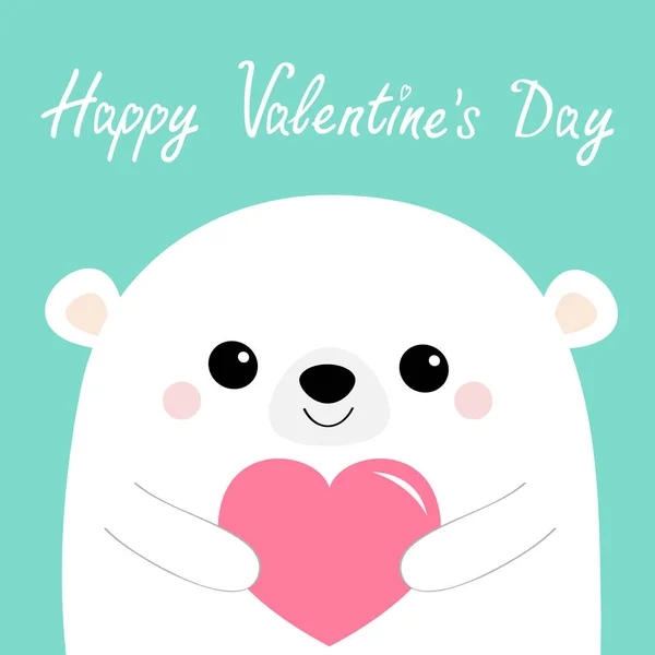 幸せなバレンタインデー 白クマ頭顔のピンクのハートを保持しています 愛のカードです かわいい漫画の可愛い面白い赤ちゃんの動物キャラクター フラットなデザイン 青色の背景色 分離されました ベクトル図 — ストックベクタ