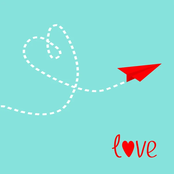 Kırmızı Origami Kağıt Uçak Dash Kalp Gökyüzünde Aşk Kartı Sevgililer — Stok Vektör