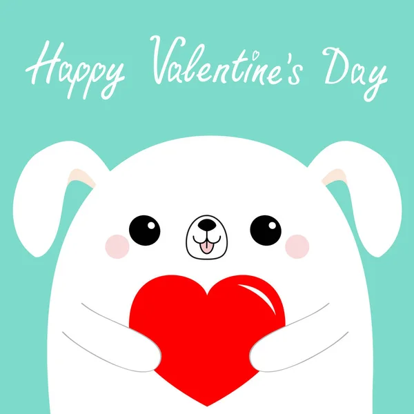 幸せなバレンタインデー 白い犬子犬頭顔赤い紙の心を持ってします かわいい漫画の可愛い面白い赤ちゃんの動物キャラクター フラットなデザイン 愛のカードです 青色の背景色 分離されました ベクトル — ストックベクタ