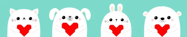情人节快乐 白猫小猫熊小狗野兔头脸设置拿着红色折纸心脏 可爱的卡通片 Kawaii 有趣的婴儿动物角色 扁平的爱情卡 蓝色背景向量 — 图库矢量图片