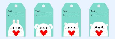 Mutlu Sevgililer günü Hediyelik etiket kümesi. Kedi yavru tavşan tavşan köpek köpek yavrusu baş yüz kırmızı origami kağıt kalp tutan ayı. Sevimli çizgi kawaii komik bebek karakter. Düz tasarım Love mavi renkli vektör