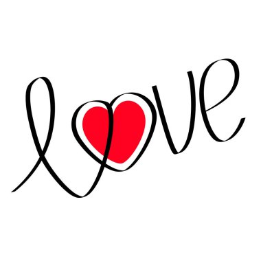 Kırmızı kalp ile kelime aşk. Düz tasarım mutlu Sevgililer günü kartı. Siyah metin yazı. Düğün dekorasyon öğesi. Beyaz arka plan. İzole. Vektör çizim