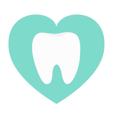 Beyaz diş kalp sevgi simgesi. Sağlıklı diş. Sözlü dişlerle ilgili sağlık bilgisi. Çocuk diş bakımı. Diş sağlığı. Mavi arka plan. İzole. Düz tasarım. Vektör çizim