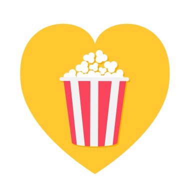 Patlamış mısır simgesi. Kırmızı Sarı şerit kutu. Kalp şekli. Film sinema gecesi seviyorum. Lezzetli yemekler. Düz tasarım stili. Beyaz arka plan. İzole. Vektör çizim