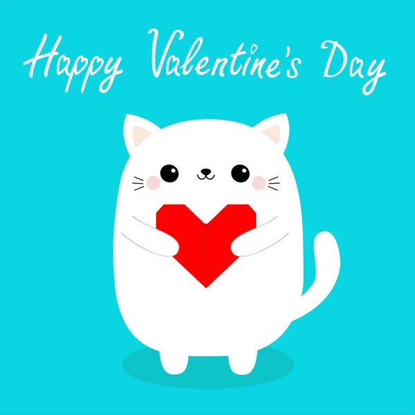 Happy Valentines Day Witte Baby Kat Kitten Hoofd Gezicht Rood — Stockvector