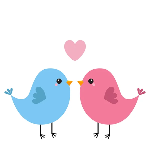 つの鳥のカップル ピンクのハート 幸せなバレンタインデー グリーティング カードが大好きです 可愛い赤ちゃんのかわいい漫画のキャラクター フラットなデザイン 白い背景 分離されました ベクトル図 — ストックベクタ