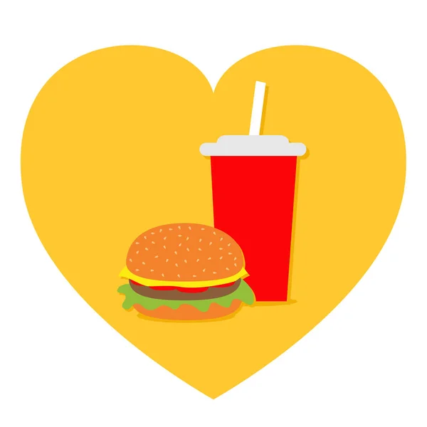 Burger. Soda drink glass with straw Icon set. Heart shape. I love Movie Cinema. Fast food menu. Flat design. White background. Isolated. Vector illustration