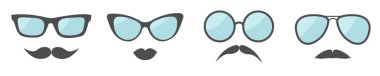 Gözlük ve bıyık dudaklar bıyıkları simge kümesi satır yüz. Güneş gözlüğü koleksiyonu. İzole. Beyaz arka plan. Düz tasarım. Adam kadın erkek kadın işareti simgesi. Vektör çizim