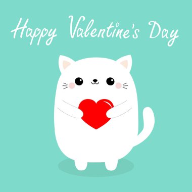 Sevgililer günün kutlu olsun. Kırmızı kalp tutan beyaz bebek kedi yavru kedi baş yüz. Sevimli çizgi kawaii kitty komik hayvan karakter. Düz tasarım. Aşk kartı. Mavi arka plan. İzole. Vektör