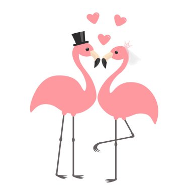 Two pink flamingo set. Wedding couple. Bride and groom. Black hat, veil, heart. Happy Valentines Day. Exotic tropical bird. Cute cartoon character. Zoo animal. Flat design. White background Vector clipart