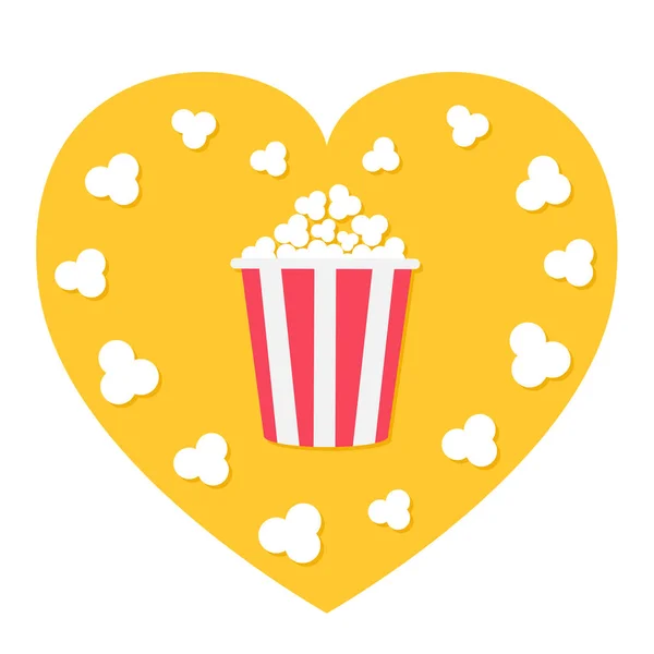 爆米花爆裂 红色黄色带框 心脏形状 我喜欢电影电影晚上的平面设计风格的图标 白色背景 向量例证 — 图库矢量图片