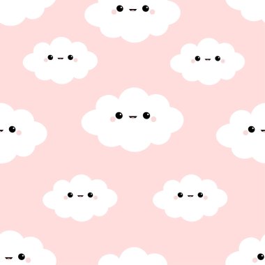 Seamless modeli. Gökyüzünde bulut. Komik bebek karakter gülümseyen sevimli çizgi kawaii. Paket kağıdı, tekstil şablonu. Çocuk odası dekorasyon. Pembe bir arka plan. Düz tasarım. Vektör çizim