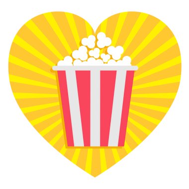 Patlamış mısır. Kalp şekli. Film sinema simgesi düz tasarım tarzı seviyorum. Patlama dalgası arka plan vektör çizim yıldız