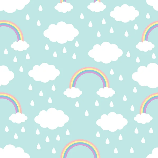 シームレス パターン 空雲虹の雨ドロップ かわいい漫画の可愛いインテリア面白い赤ちゃん子供 包装紙 繊維のテンプレート 保育所の装飾 青色の背景色 フラット デザイン — ストックベクタ