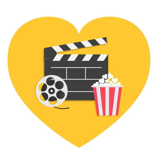 Movie reel Open clapper board Popcorn box. Cinema icon set. Heart shape. I love movie. Flat design style. White background. Isolated. Vector illustration