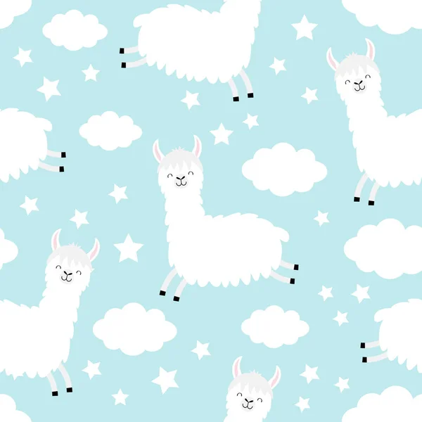 Seamless Pattern Alpaca Llama Jumping Cloud Star Sky Cute Cartoon — Stock Vector