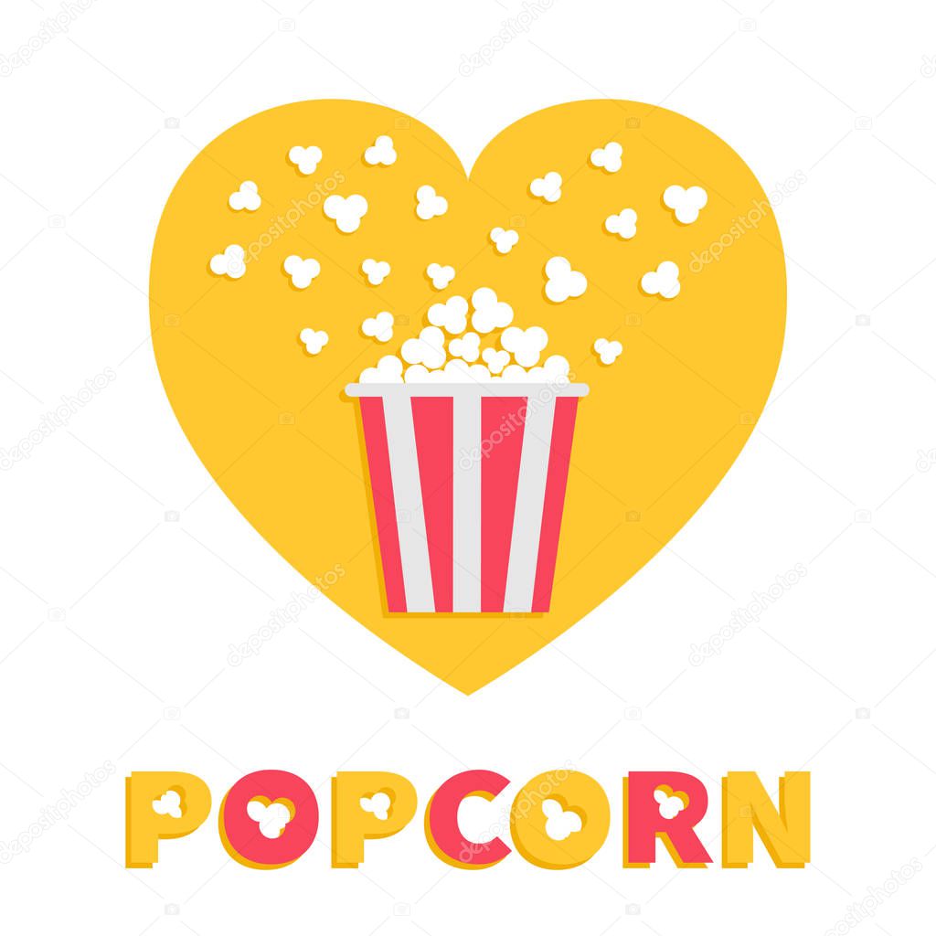 Popcorn popping. Red yellow strip box package. Heart shape. I love cinema movie night icon Flat design style. Fast food. Yellow background Red white text. Vector illustration