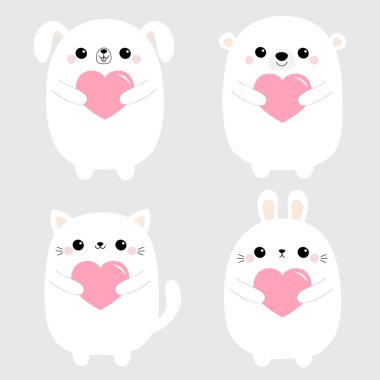 Beyaz tavşan yavru tavşan ayı köpek köpek yavrusu baş yüz pembe kalp ayarlamak kedi. Sevgililer günün kutlu olsun. Sevimli çizgi kawaii komik bebek hayvan karakter. Düz tasarım. Aşk gri arka plan vektör kartı