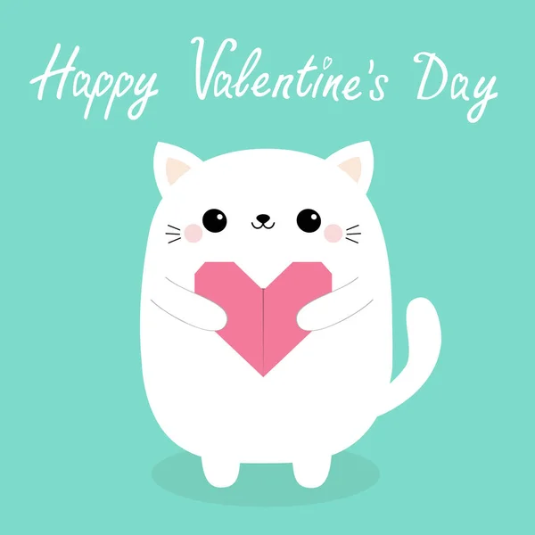 Fröhlicher Valentinstag Weiße Baby Katzenkopf Gesicht Hält Rosa Origami Papier — Stockvektor